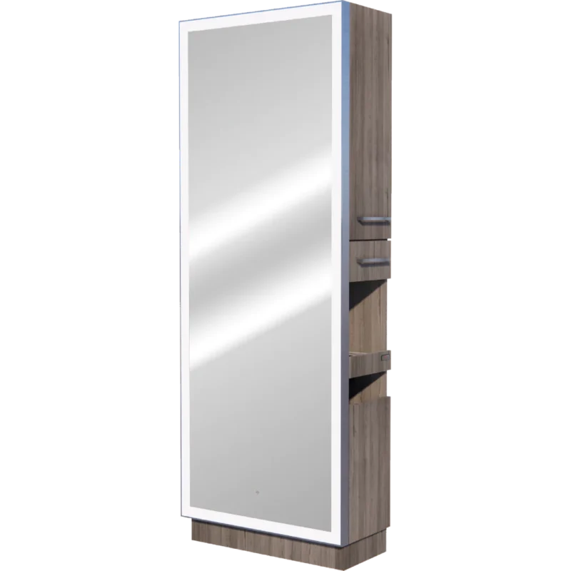 Kaemark A Glo LED GL-05-J American-Made Styling Station with a mirror on top.