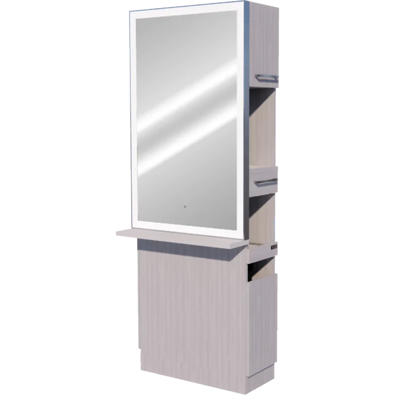 Kaemark An image of a Glo LED GL-05-K American-Made Styling Station with a mirror on it.