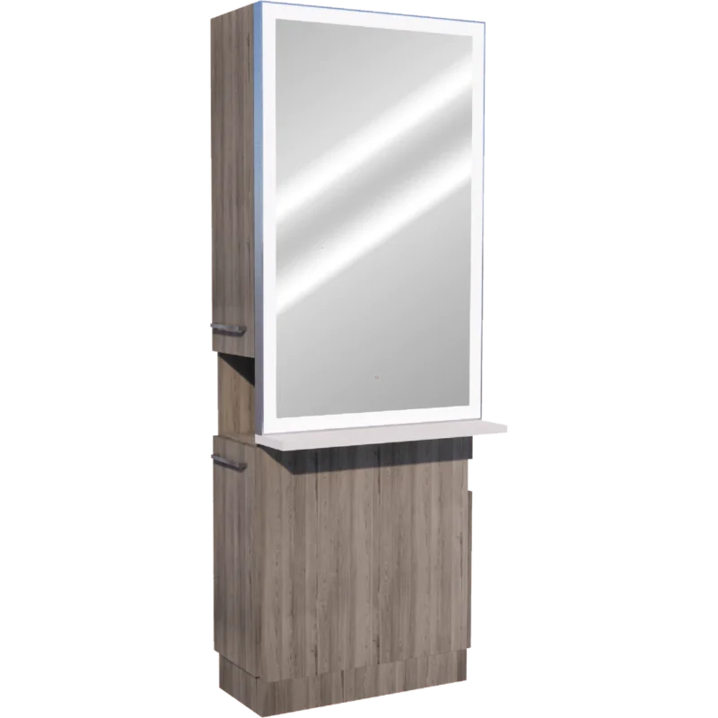 Kaemark A Glo LED GL-05-L American-Made Styling Station with a mirror on top.