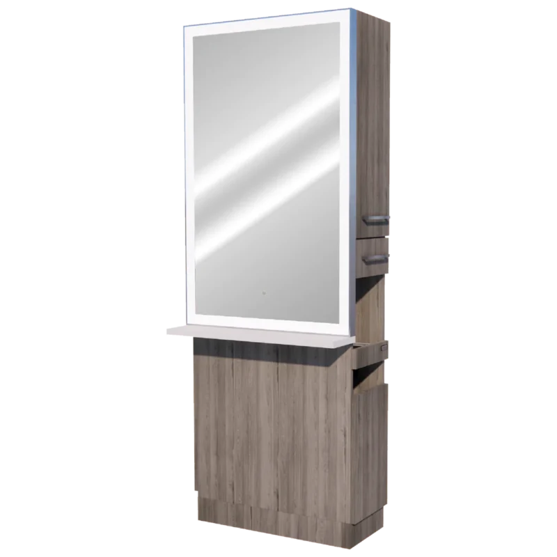 Kaemark An image of a Glo LED GL-05-L American-Made Styling Station with a mirror.
