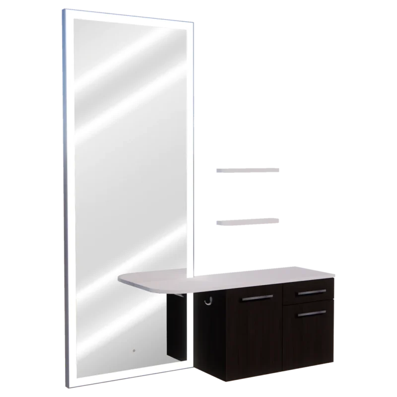 Kaemark A Glo LED GL-18-C Wall Mounted American-Made Styling Station with a mirror in front of it.