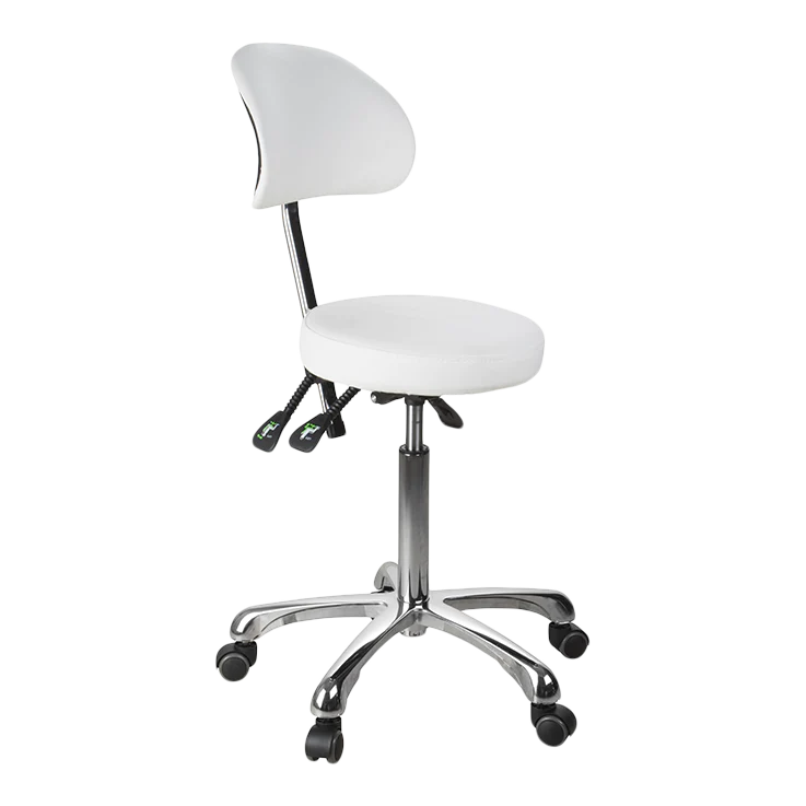Kaemark Harper Spa Technician Stool with Backrest with wheels on a white background.