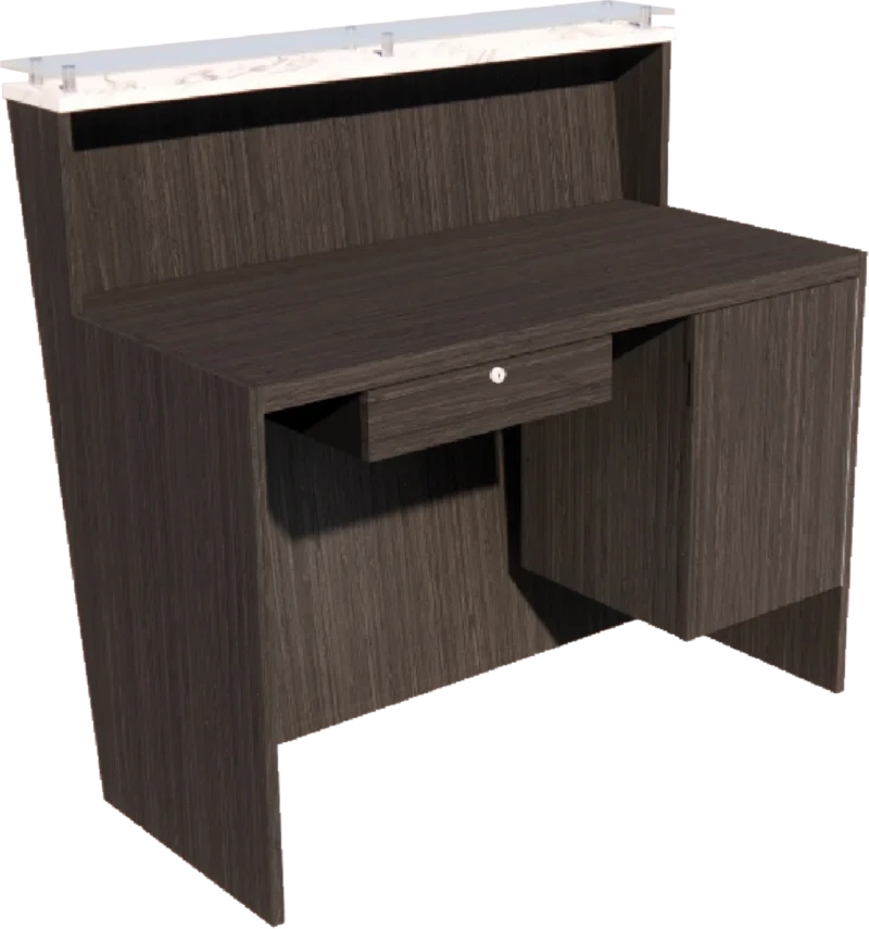 Kaemark Javoe American-Made Reception Desk - 4 Ft. with drawers and a glass top.