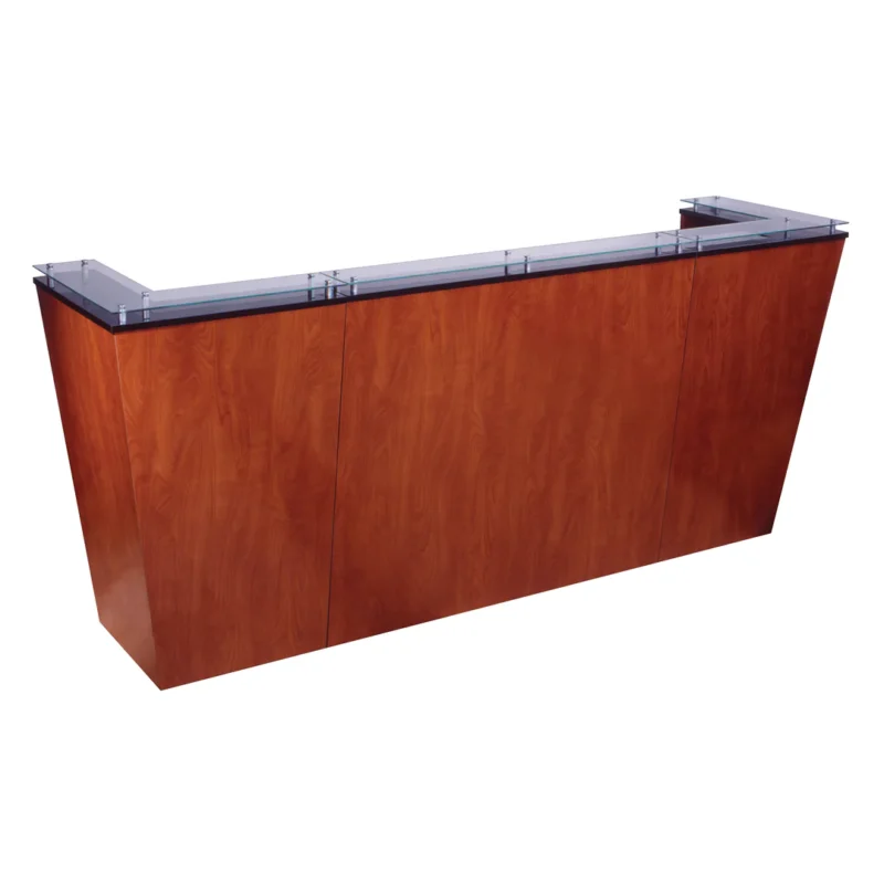 Kaemark Javoe American-Made Reception Desk - A with a glass top.