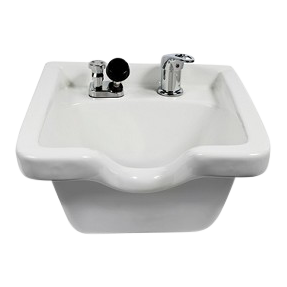 Kaemark A white 928 Wall Hanging Shampoo Bowl with two faucets on it.