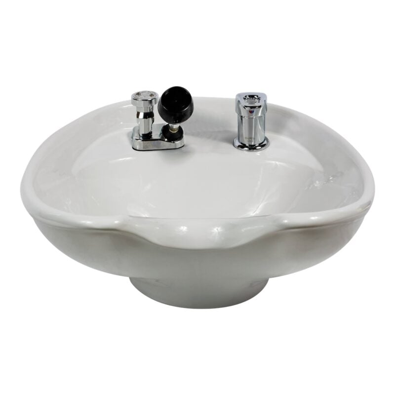 Kaemark A white 903 Tilting Shampoo Bowl with two faucets on it.