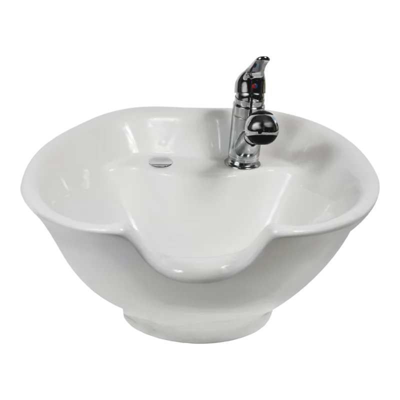 Kaemark A white 933 Tilting Shampoo Bowl with a faucet on it.