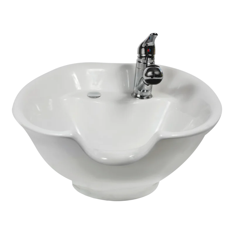 Kaemark A white 933 Tilting Shampoo Bowl with a faucet on it.