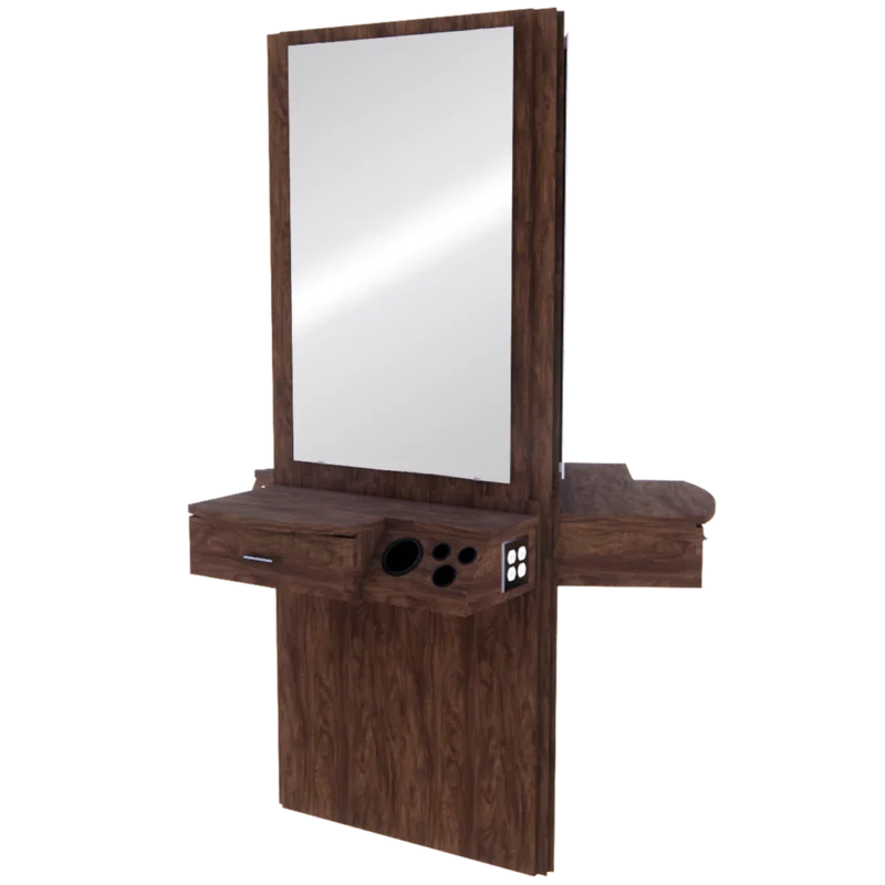 Kaemark A La Carte American-Made Triple Styling Station with a mirror and drawers.