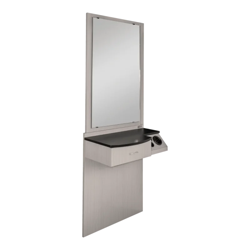 Kaemark An image of an American-Made Single Styling Station with a mirror and a sink.