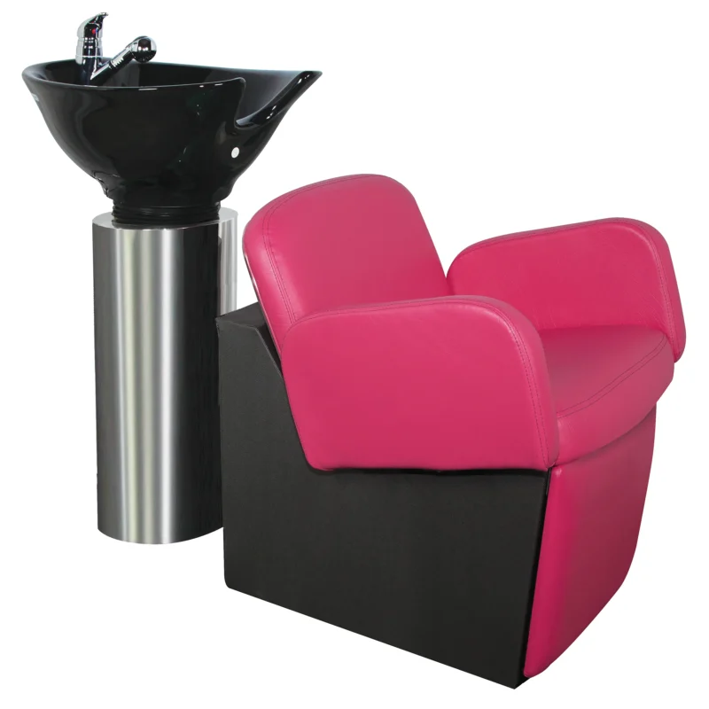 Kaemark A pink chair with a Loire Pedestal Shampoo Unit next to it.