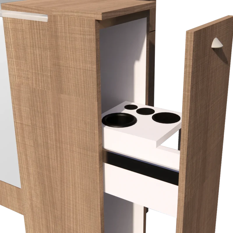 Kaemark A 3d model of a Lumiere American-Made Back to Back Styling Station with a stove and oven.