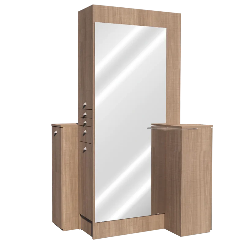Kaemark An image of a Lumiere American-Made Back to Back Styling Station with a mirror.