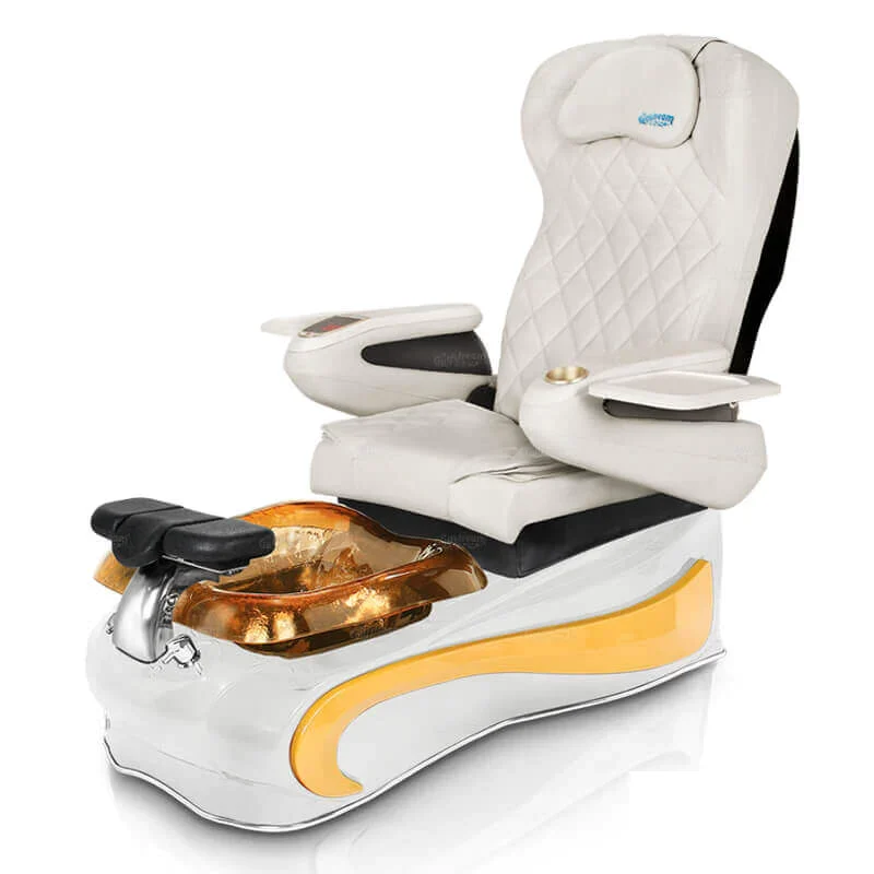 Kaemark A white and yellow La Fleur 4 Pedicure Chair by Gulfstream Inc.