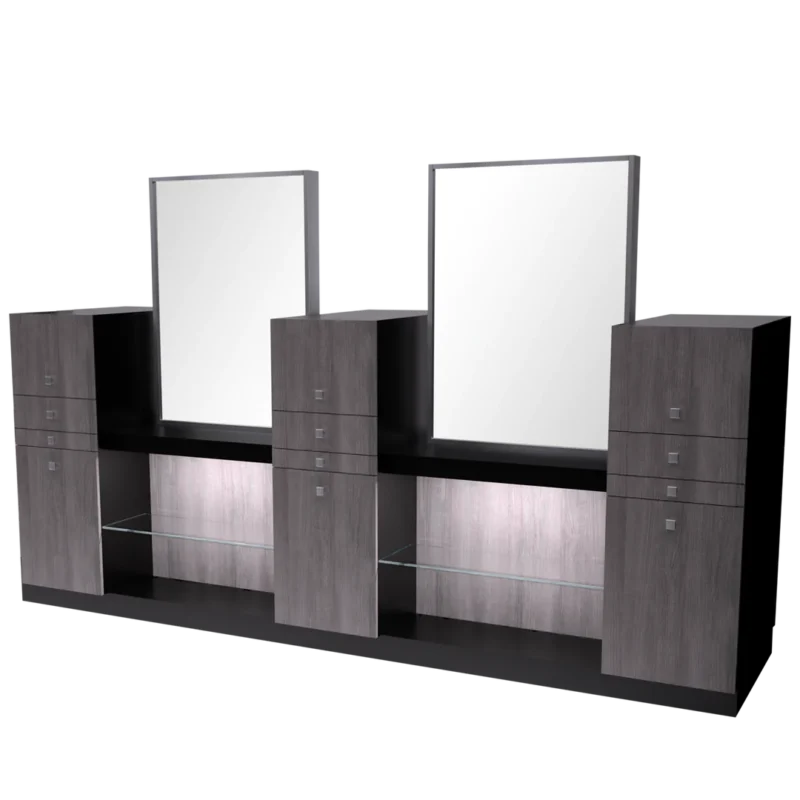 Kaemark Two Magnifico American-Made Double Styling Stations and a vanity unit on a black background.