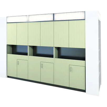 Kaemark A green Magnifico American-Made Shampoo Storage Unit with black doors and drawers.