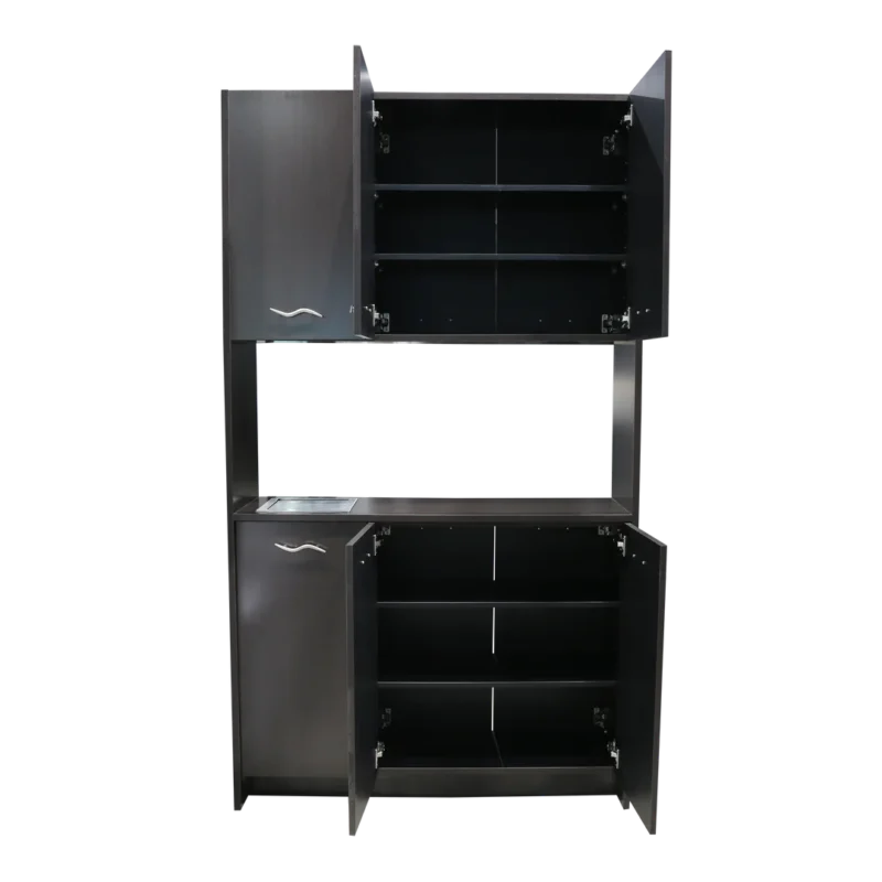 Kaemark A black Portal American-Made Back Bar with shelves and drawers.