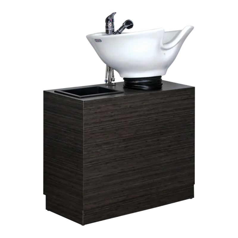Kaemark A Rococo Tilt Bowl Shampoo Unit on top of a wooden stand.