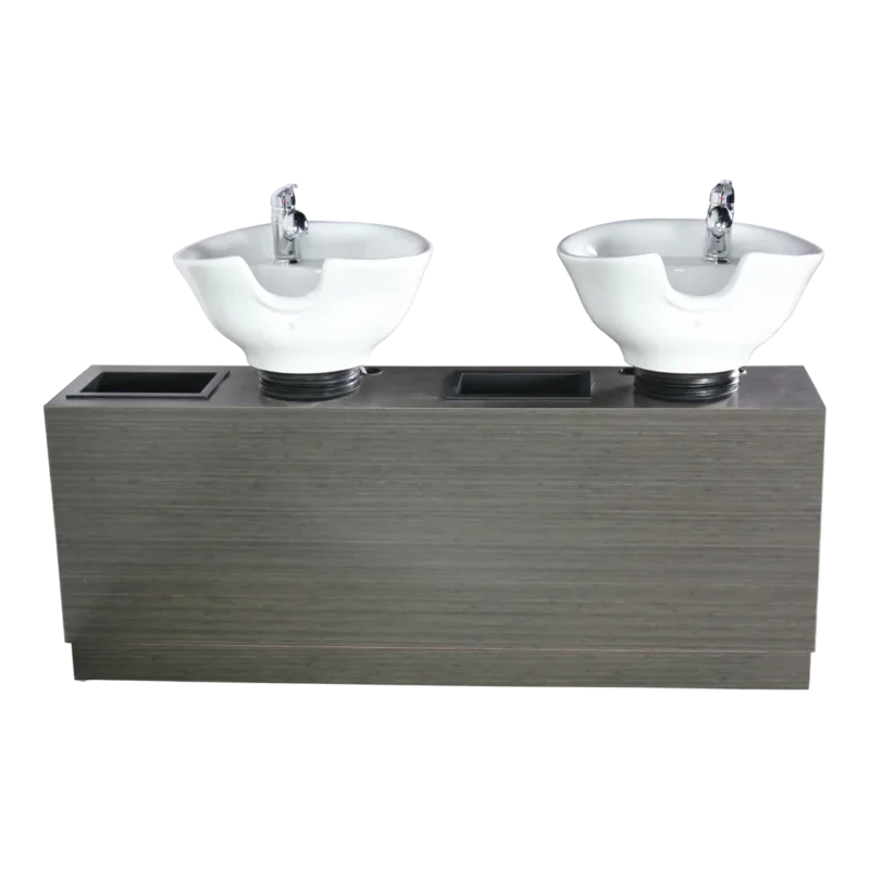 Kaemark Two Rococo Tilt Bowl Shampoo Units on top of a wooden stand.
