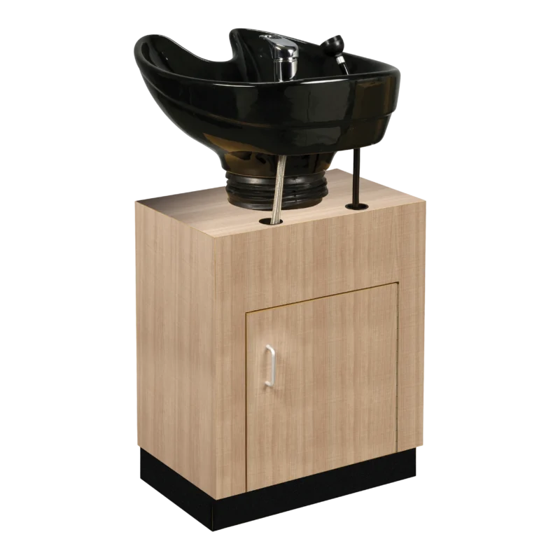 Kaemark A Reflections Tilt Bowl Shampoo Unit on top of a wooden cabinet.
