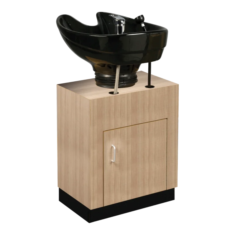 Kaemark A Reflections Tilt Bowl Shampoo Unit on top of a wooden cabinet.