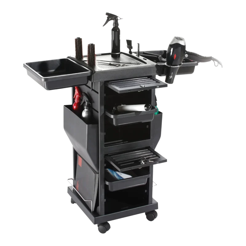 Kaemark A black Marian Plastic Trolley with a hair dryer and other tools.