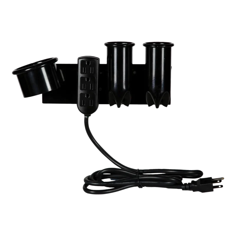 Kaemark A black Appliance Holder With Outlets with two cords attached to it.
