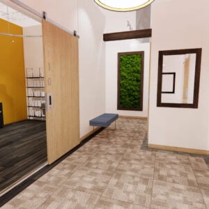 Kaemark A 3d rendering of a hallway in a medical office.
