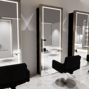 Kaemark A hair salon with black chairs and mirrors.
