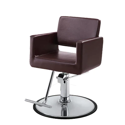 Kaemark A brown leather Draper Styling Chair Back Cover on a chrome base.