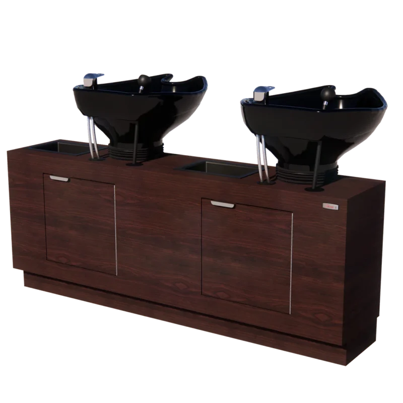 Kaemark Two Frost American-Made Backwash sinks on top of a wooden cabinet.