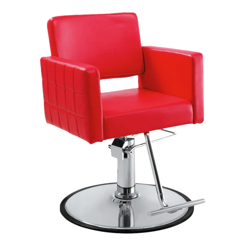Kaemark A red Gwyneth hair styling chair on a chrome base.