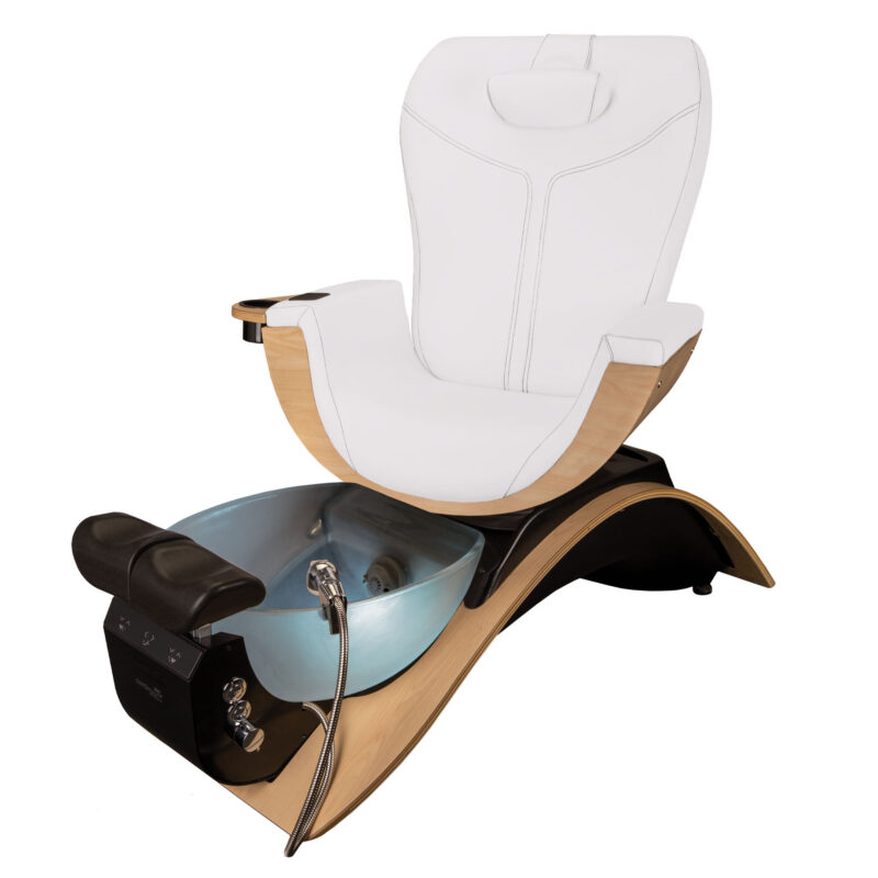 Kaemark A Maestro Opus Pedicure Spa chair with a white seat and a wooden base.