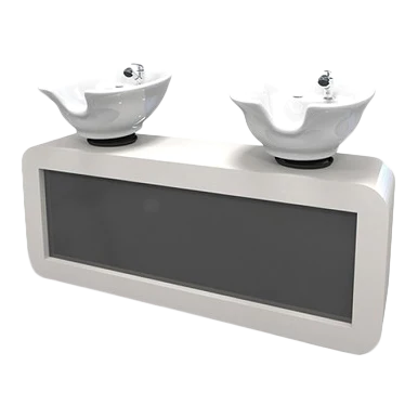 Kaemark Two Rechteck American-Made Shampoo Double Backwash Units on top of a white stand.