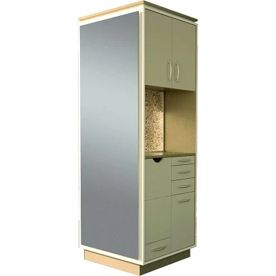 Kaemark A tall Cubetti American-Made Back to Back Styling Station with a mirror and drawers.