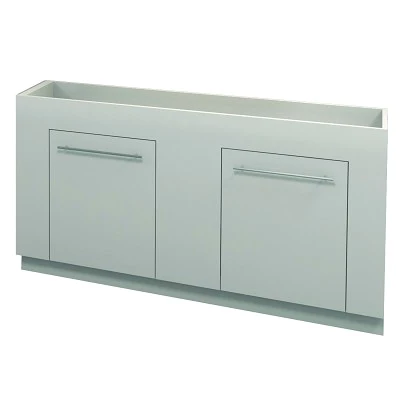 Kaemark A white Rechteck American-Made Shampoo Back Bar with two doors and two drawers.
