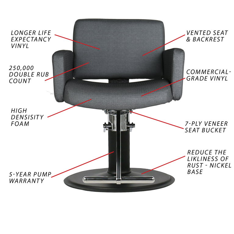 Kaemark A gray chair with red markings on it.