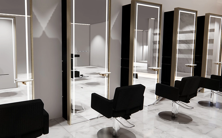 Kaemark A hair salon with black chairs and mirrors.