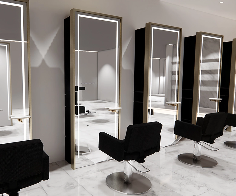 Kaemark A black and white hair salon with mirrors and chairs.