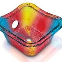 Kaemark A colorful glass sink with a square shape.