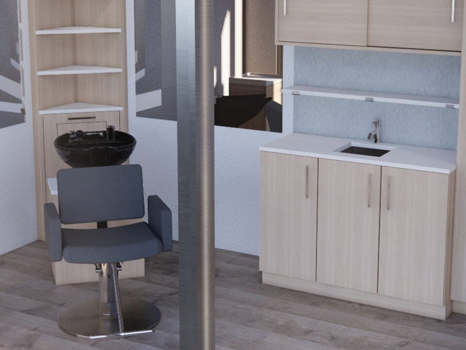 Kaemark A 3d rendering of a bathroom with a sink and a chair.