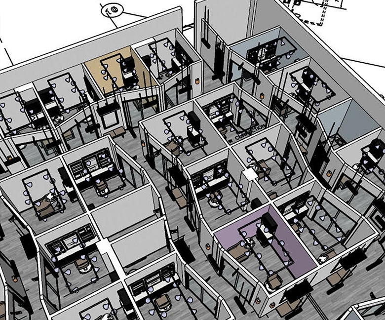 Kaemark A floor plan of an office with many desks and chairs.