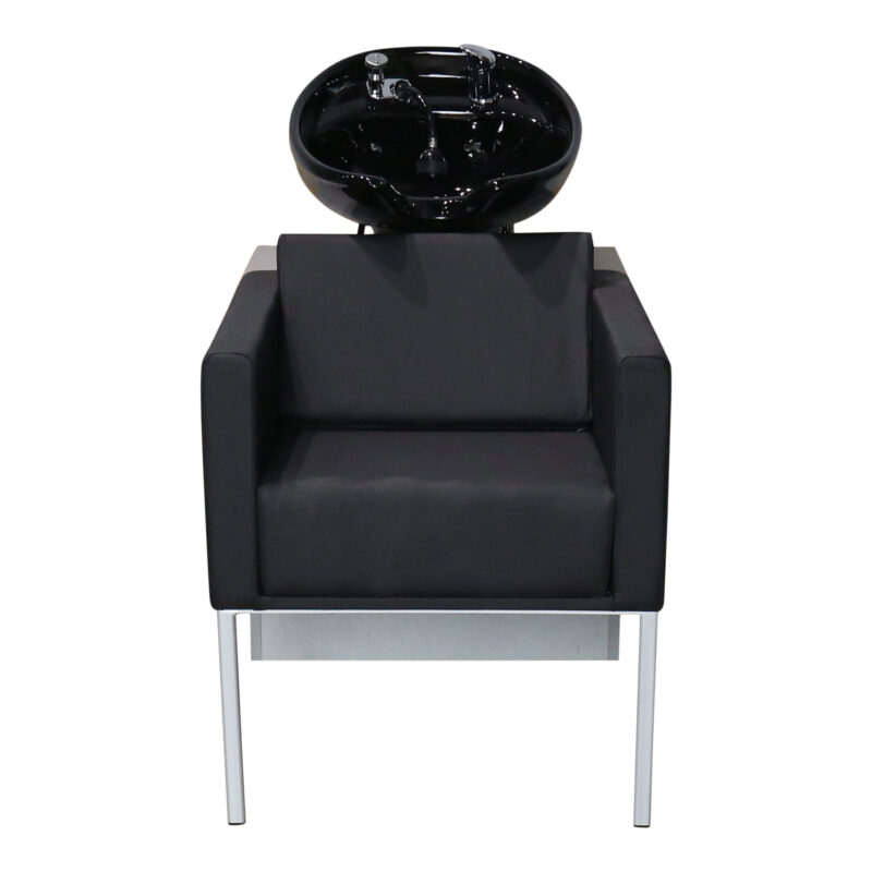 Kaemark A black leather chair with an attached Piper American-made Shampoo Shuttle, made in America.