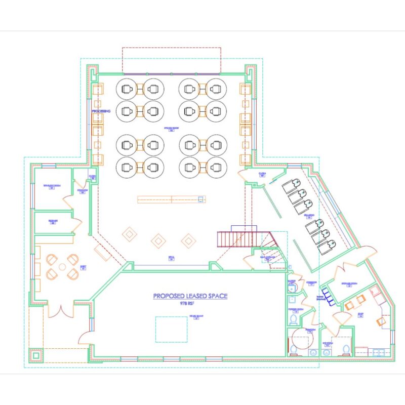Kaemark A drawing of a floor plan for a restaurant using Kaemark Space Planning.
