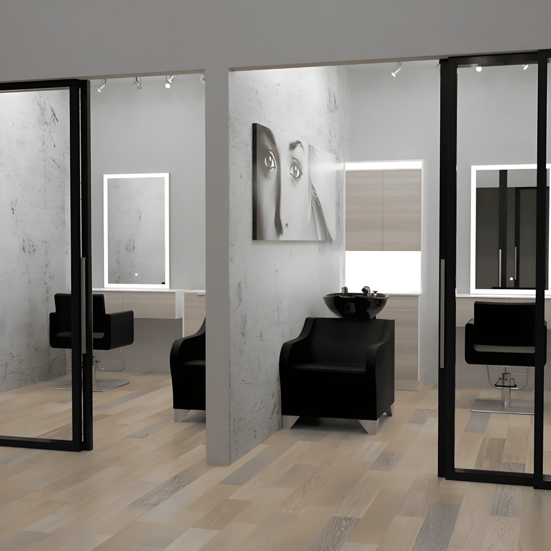 A picture of a rending of a salon suite by Kaemark with Kaemark furnishings and equipment