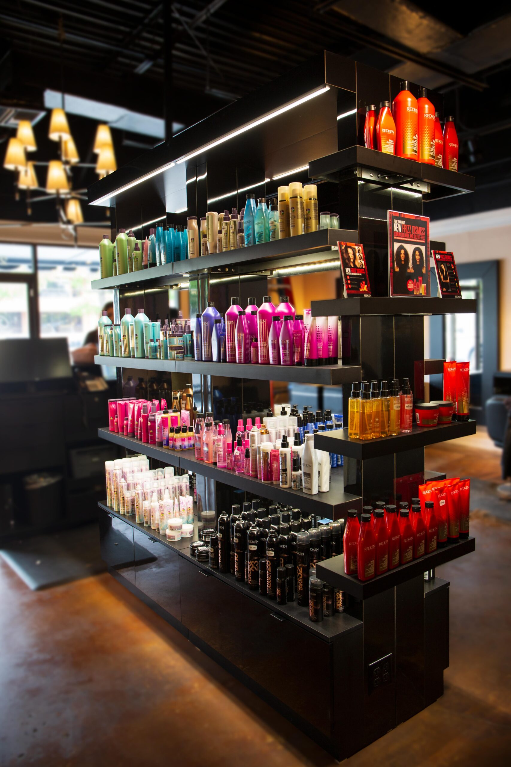 salon display shelve showcasing hair care products
