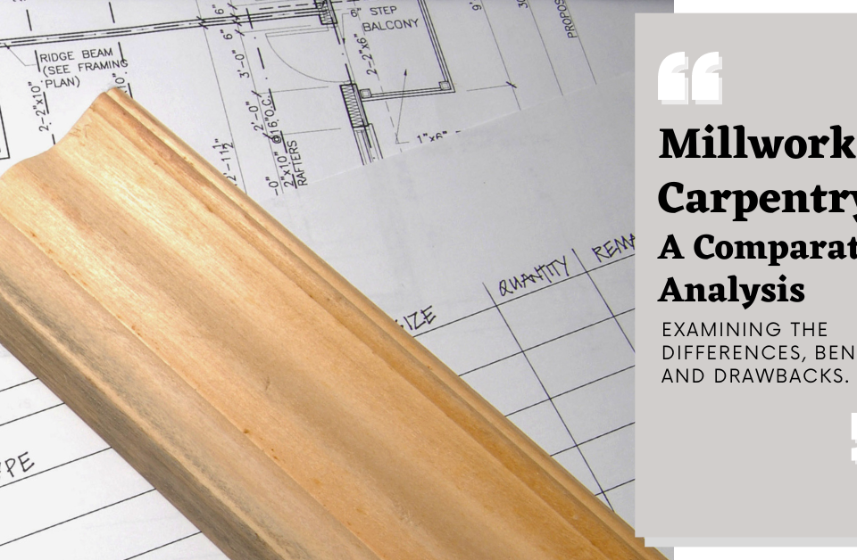 Millwork vs Carpentry: A Comparative Analysis post picture with the title graphic and a wooden plank behind on a design mocked on paper