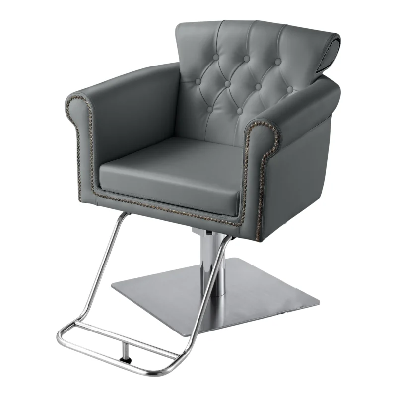 Kaemark An image of a grey upholstered chair on a chrome base.