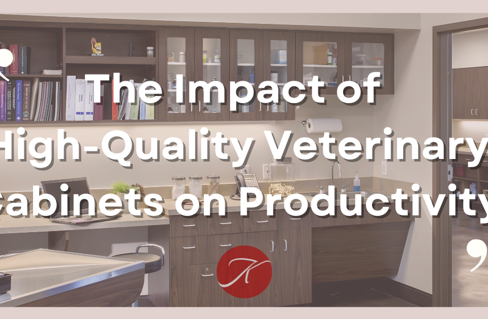 An image of Kaemark's custom veterinary cabinets with the title text of, The Impact of High Quality Veterinary Cabinets on Productivity